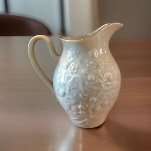 Lenox 24K Gold Hand Decorated Ivory China Embossed Floral Pitcher – 8.5" USA
